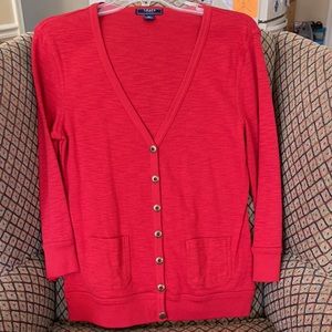 Chaps V-neck cardigan, three-quarter sleeve, dark red, 100% cotton